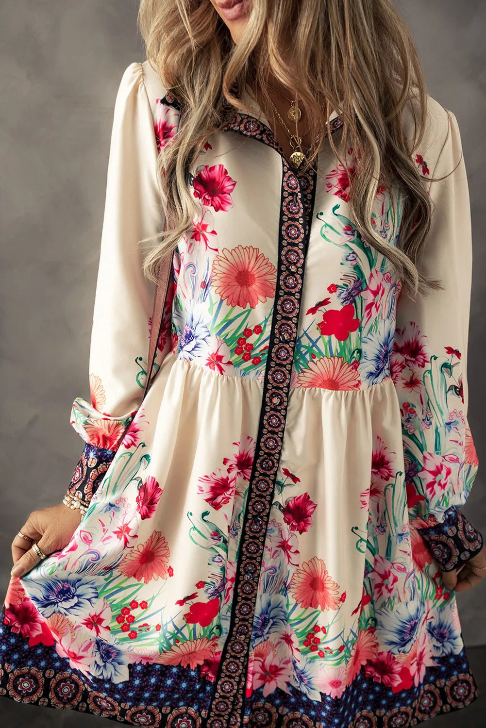 Dresses for modern trends-Flower Button Down Lantern Sleeve Dress