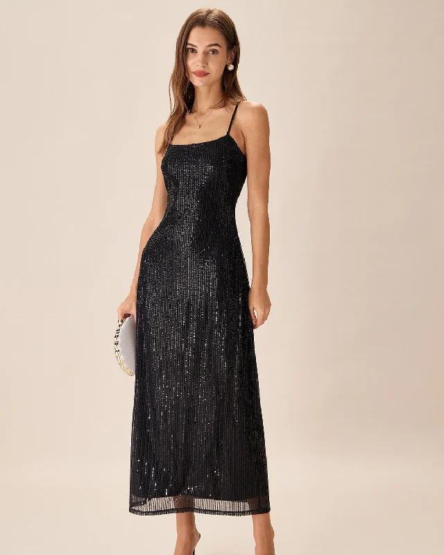 Dresses for fishing trips-Black Sequin Bodycon Slit Maxi Dress