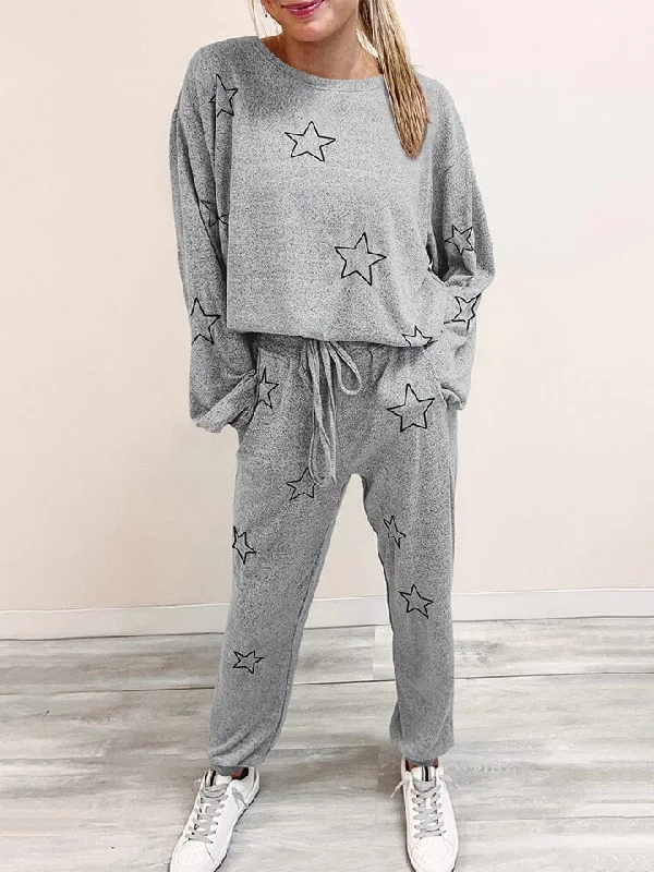 Affordable home renovation ideas-Star Print Long Sleeve Top and Pants Lounge Set