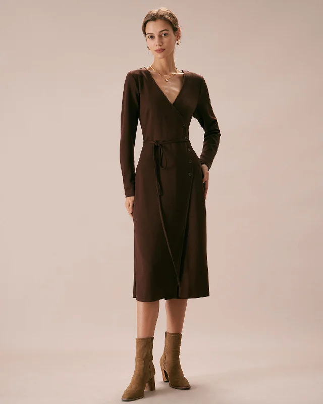 Dresses for countryside-The Coffee V Neck Button Wrap Midi Dress