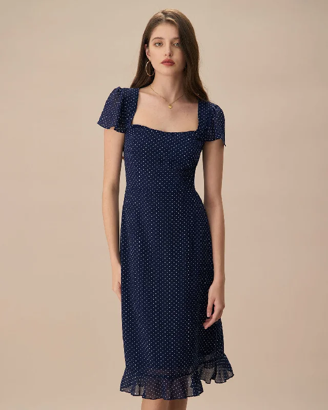 Dresses for yacht parties-The Navy Polka Dot Cutout Midi Dress