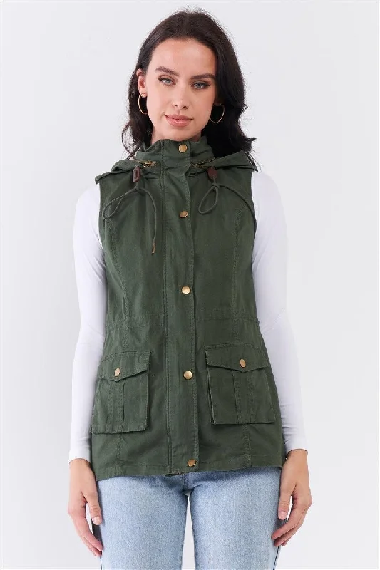 Hoodies & Sweatshirts buy now-Olive Military Sleeveless Detachable Hoodie Vest Jacket