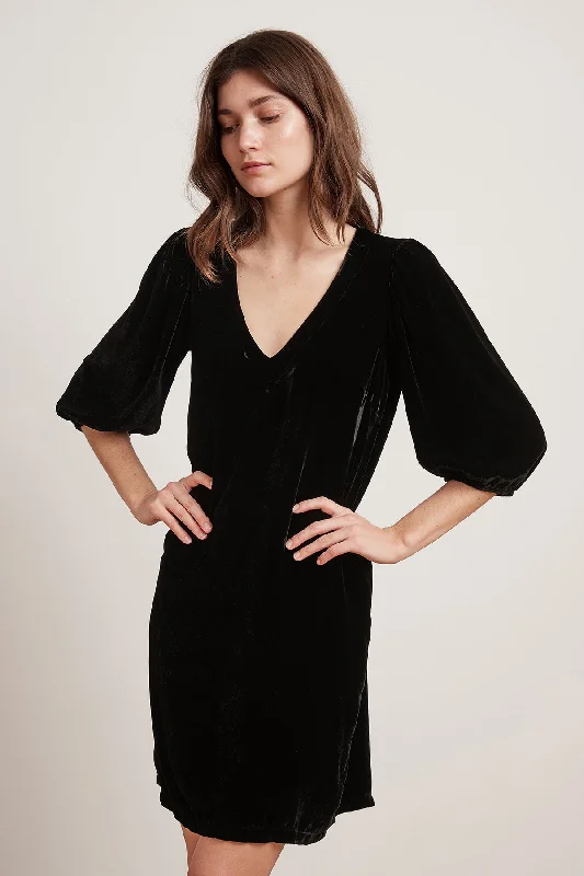 Dresses for women-CARISSA SILK VELVET PUFF SLEEVE DRESS