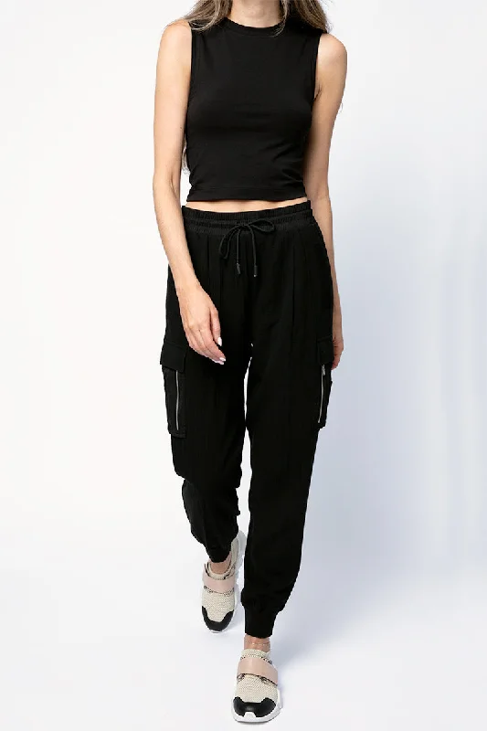 Bottoms in red-Cotton Gauze Pull On Cargo Pant in Black