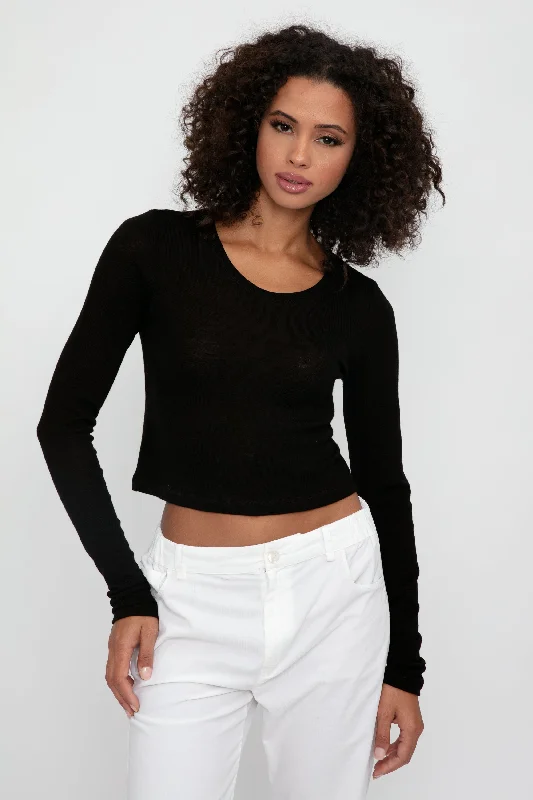 Sweaters with notched hems-Merino Virgin Wool Cropped Long Sleeve in Nero