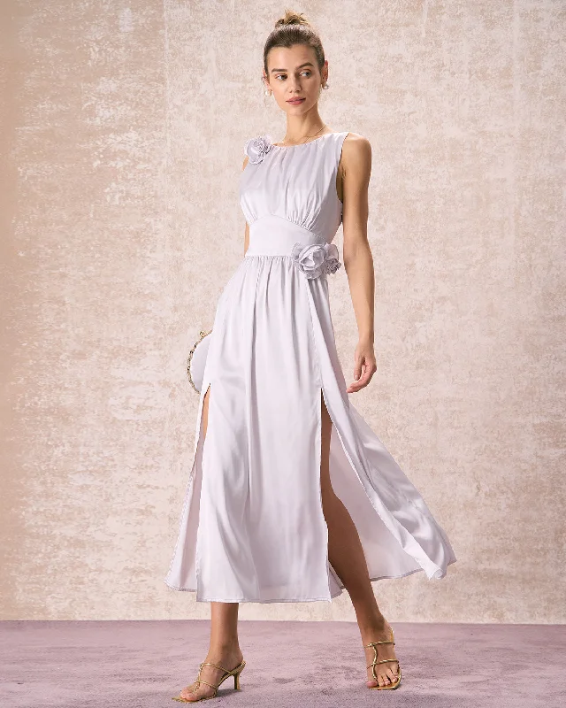 Dresses for fairs-The Silver Boat Neck Floral Satin Maxi Dress