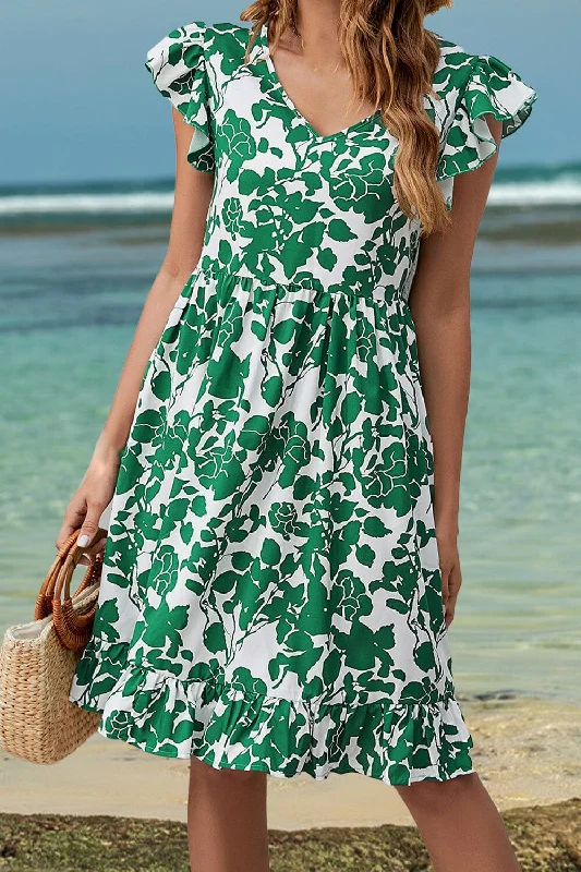 Dresses with short sleeves-Ruffled Printed V-Neck Cap Sleeve Dress