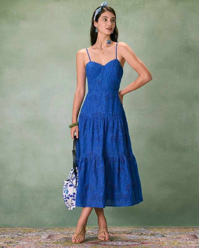 Dresses for barbecues-The Blue Sweetheart Neck Embroidery Slip Midi Dress