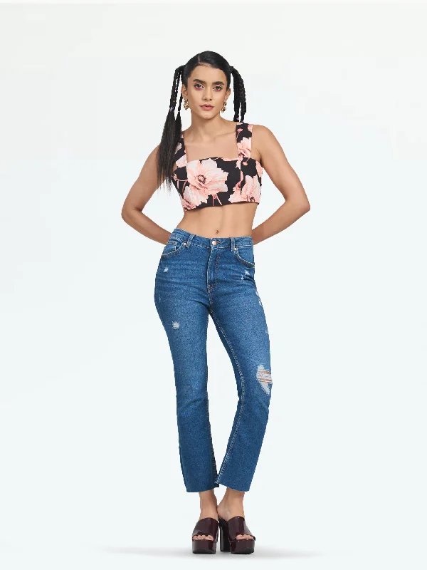 Bottoms for bold prints-Women's Mid Blue Phoenix Cropped Flare Jeans