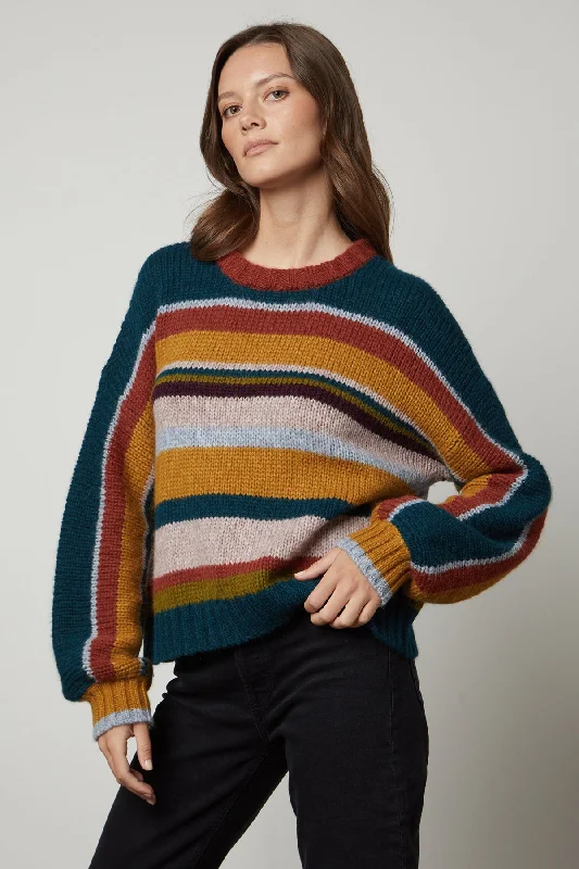 Sweaters with notched hems-SAMARA STRIPED CREW NECK SWEATER