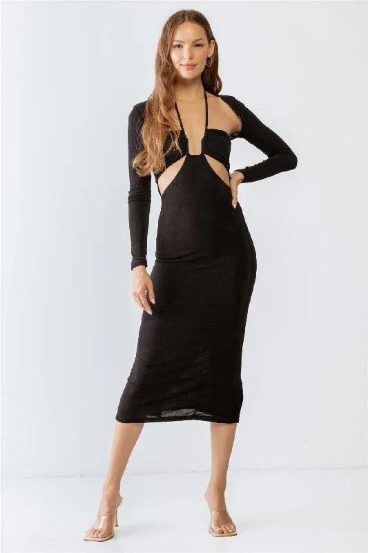 Dresses for sightseeing-Black Cut-Out Sleeveless Midi Dress & Open Front Long Sleeve Cover-Up Set /3-2-1