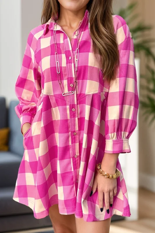 Dresses for tie-dye-Plaid Button Up Long Sleeve Shirt Dress