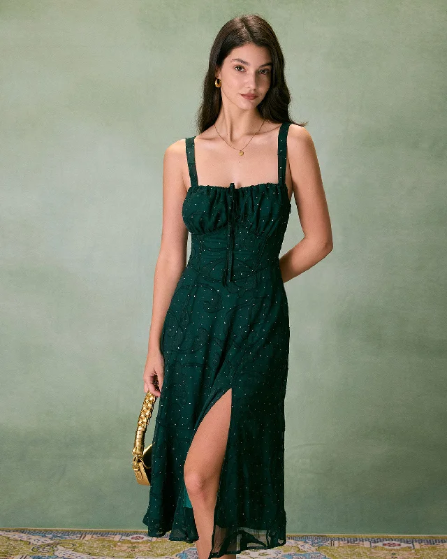 Dresses for sunset watching-The Green Square Neck Jacquard Slit Midi Dress