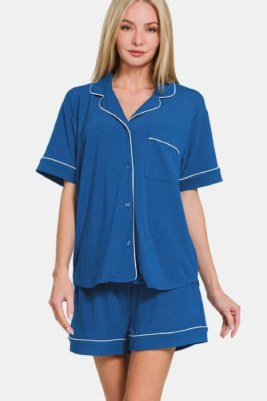 How to choose a projector-Zenana Button Down Short Sleeve Top and Shorts Lounge Set