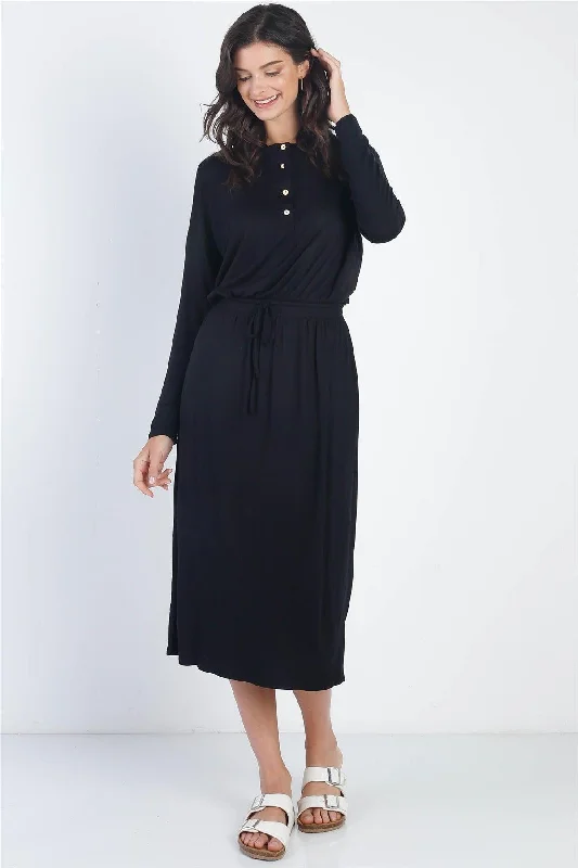 Dresses for one-shoulder-Black Button Up Neck Detail Fitted Waist Midi Dress /1-2