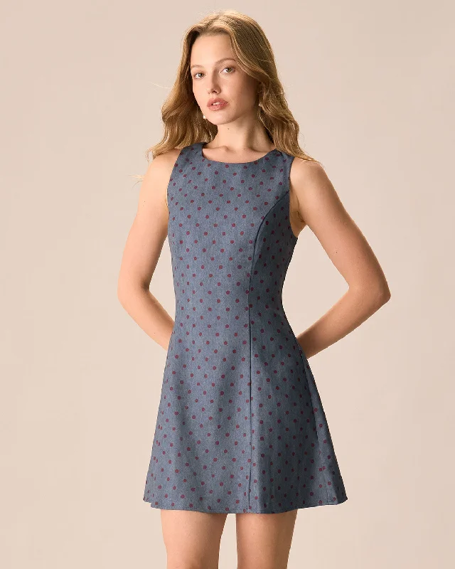 Dresses for outdoor markets-The Grey Round Neck Polka Dot Mini Dress