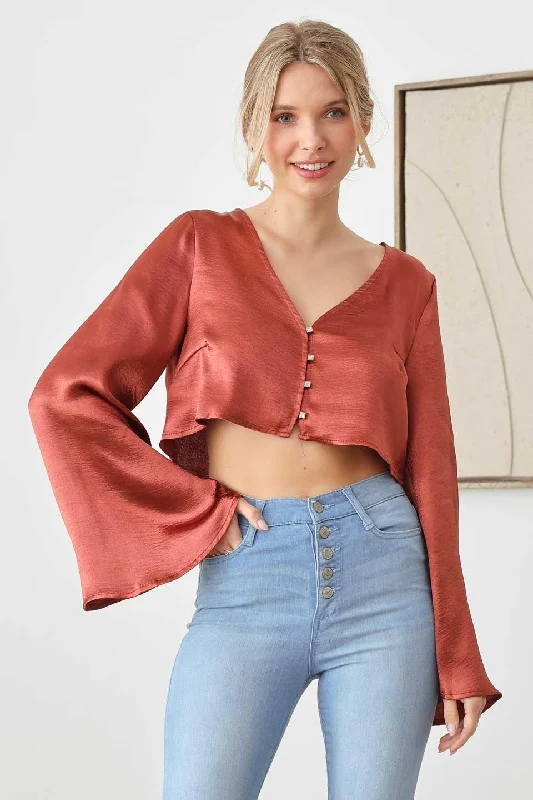 Top business ideas for 2025-Satin Rhinestone Buttons Closure Crop Top