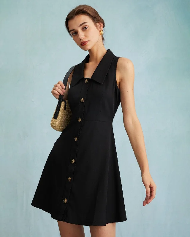 Dresses for workshops-The Black Collared Sleeveless A Line Shirt Mini Dress