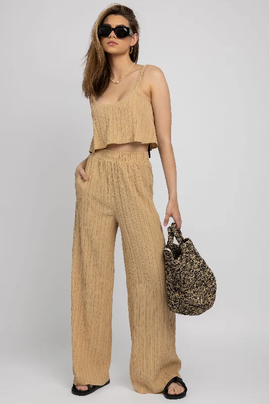 Bottoms for petites in rust-Ripple Gauze Wide Leg Pant in Tanlines