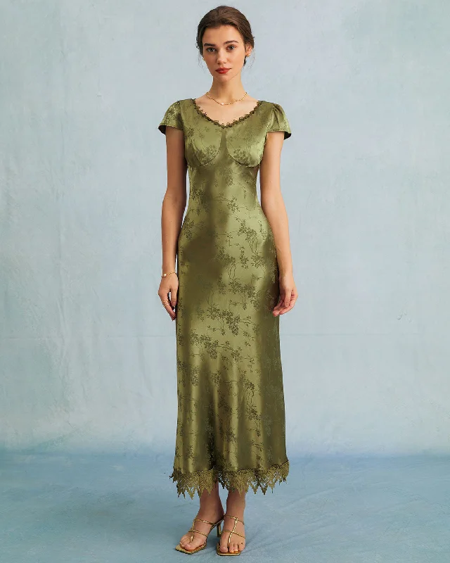 Dresses for ballroom dancing-The Green Jacquard Cap Sleeve Satin Midi Dress