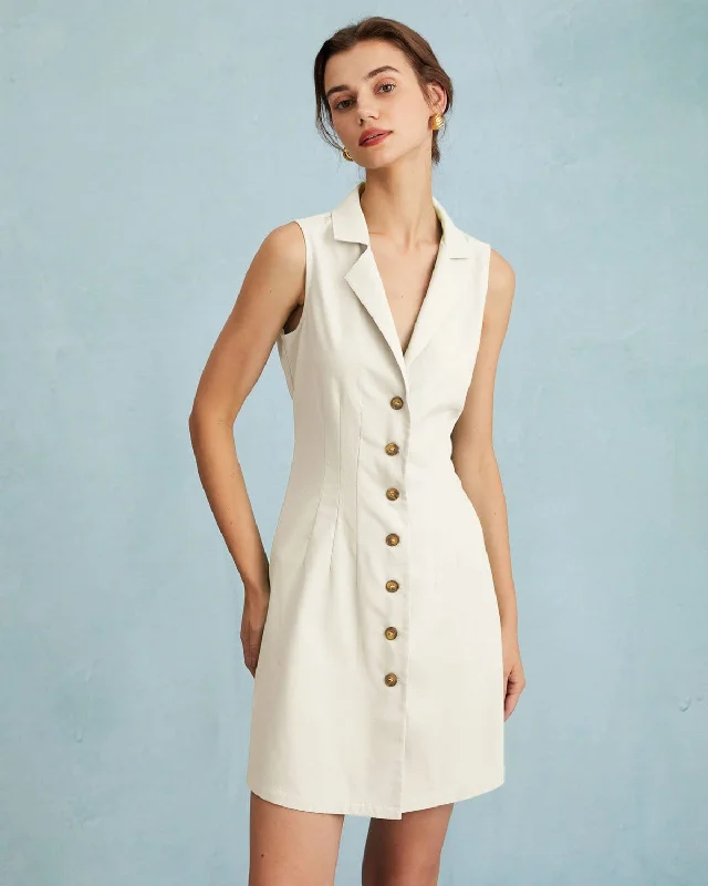 Dresses for futuristic theme-The Beige Lapel Button-up Sleeveless Mini Dress