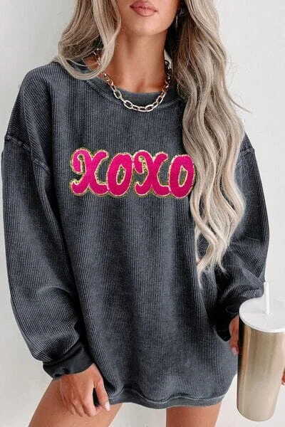 Hoodies & Sweatshirts upcycled-XOXO Sequin Round Neck Dropped Shoulder Sweatshirt