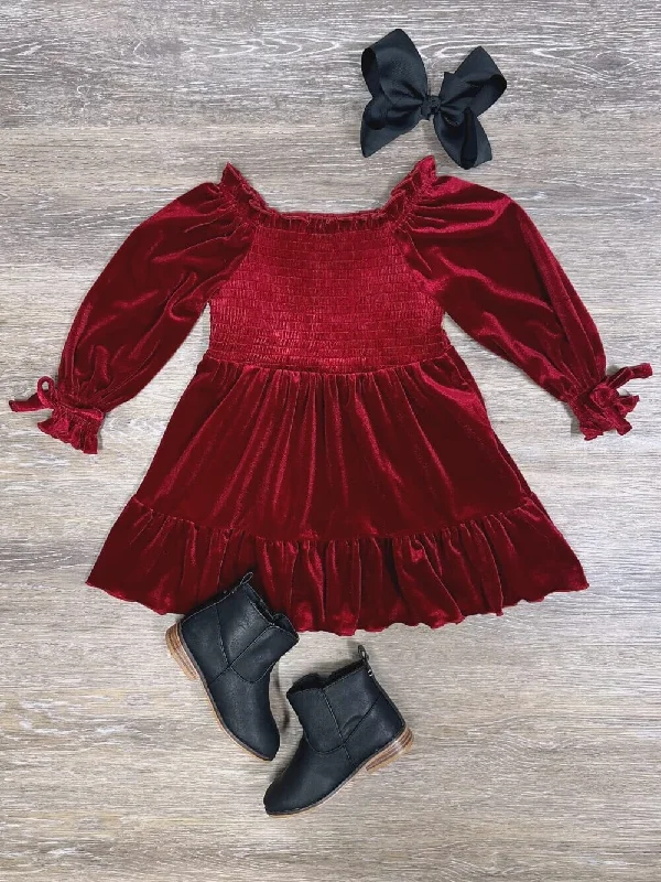 Dresses for mother of groom-Burgundy Puff Sleeve Smocked Girls Velvet Dress