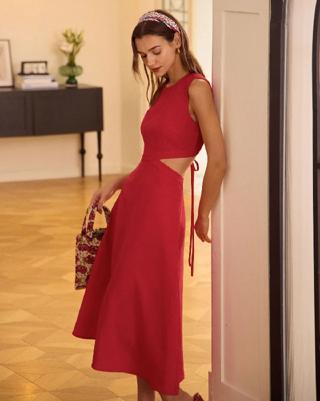 Dresses for edgy fashion-The Red Round Neck Cut-Out Midi Dress