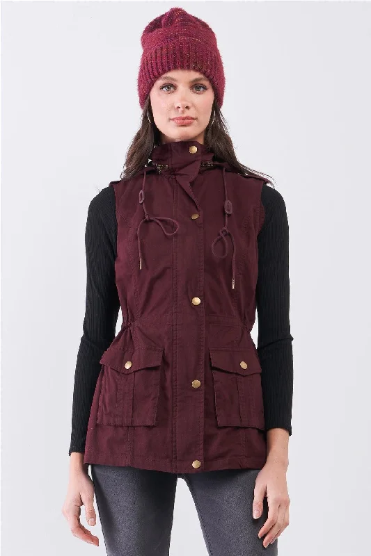 Hoodies & Sweatshirts purchase-Burgundy Military Sleeveless Detachable Hoodie Vest Jacket