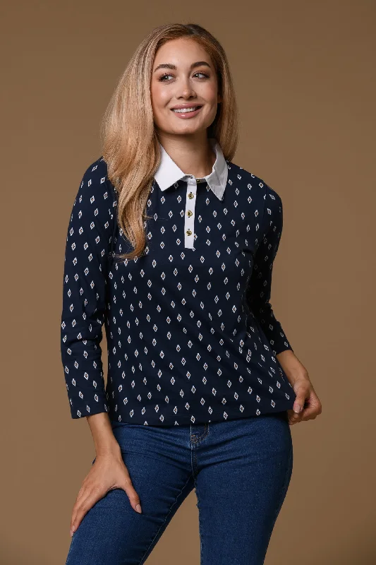 Women's Clothing Zoom-Diamond Print Collar Tee- Navy