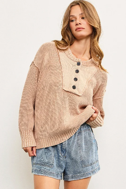 Sweaters for floral design-Cotton Front Quarter Button Cable Knit Sweater