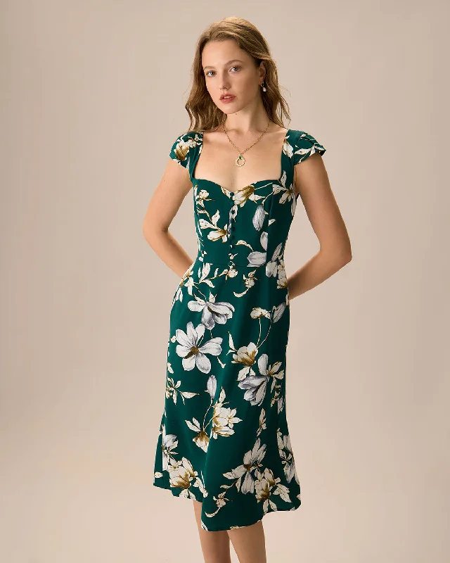 Dresses for entrepreneur gatherings-The Green Sweetheart Neck Cap Sleeve Floral Midi Dress