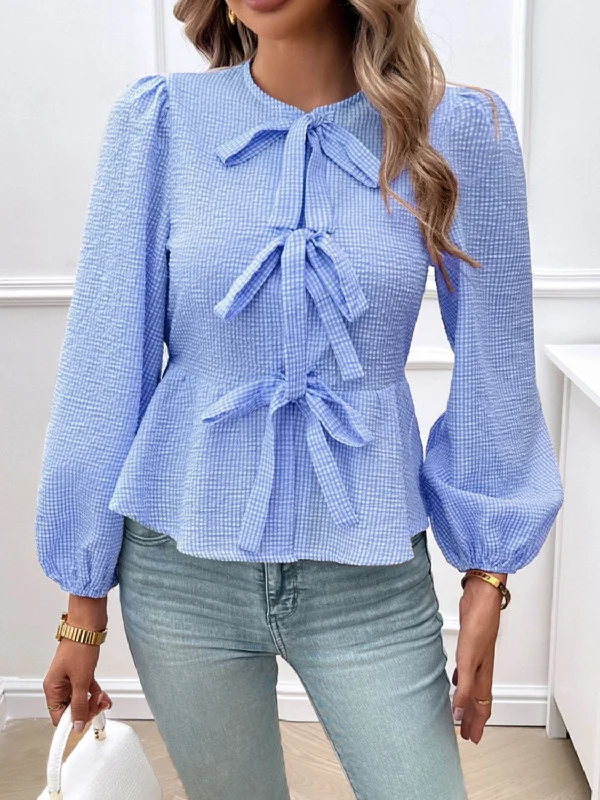 Women's Clothing luxury-Tied Round Neck Long Sleeve Blouse