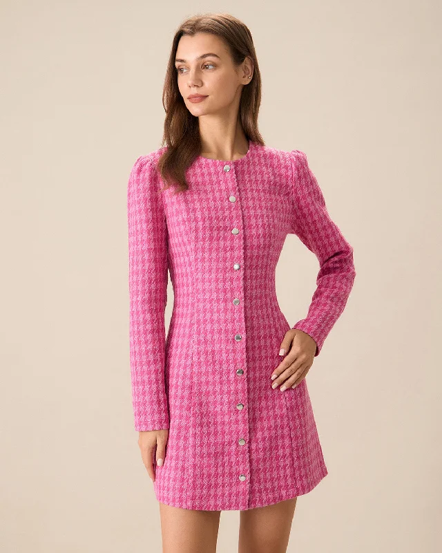 Dresses for urban style-Women's Pink Single-breasted Tweed Mini Dress