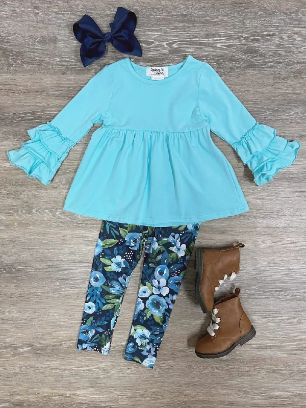 How to plan a mountain hike-Winter Floral Light Blue Ruffle Sleeve Top & Leggings Outfit