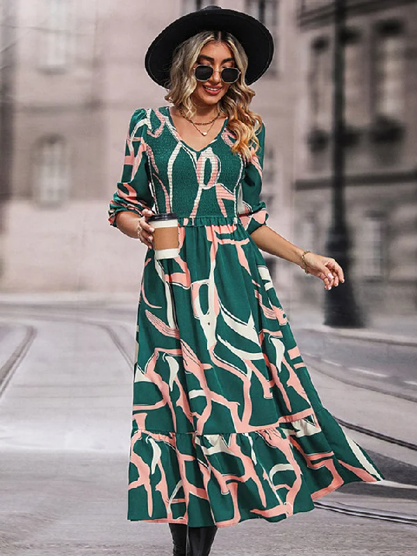 Dresses for mermaid style-Printed Smocked V-Neck Three-Quarter Sleeve Midi Dress