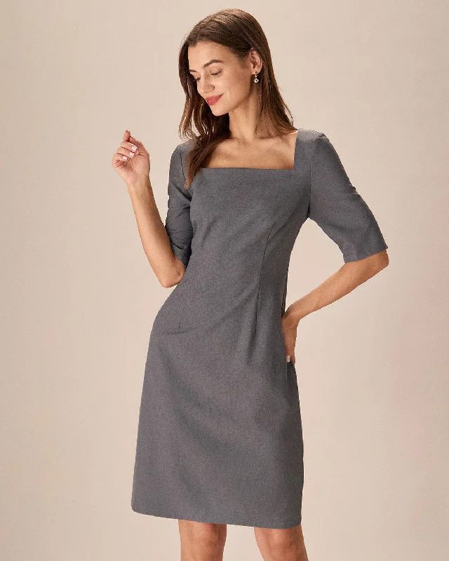 Dresses for Skype dates-Grey Square Neck Slit Midi Dress