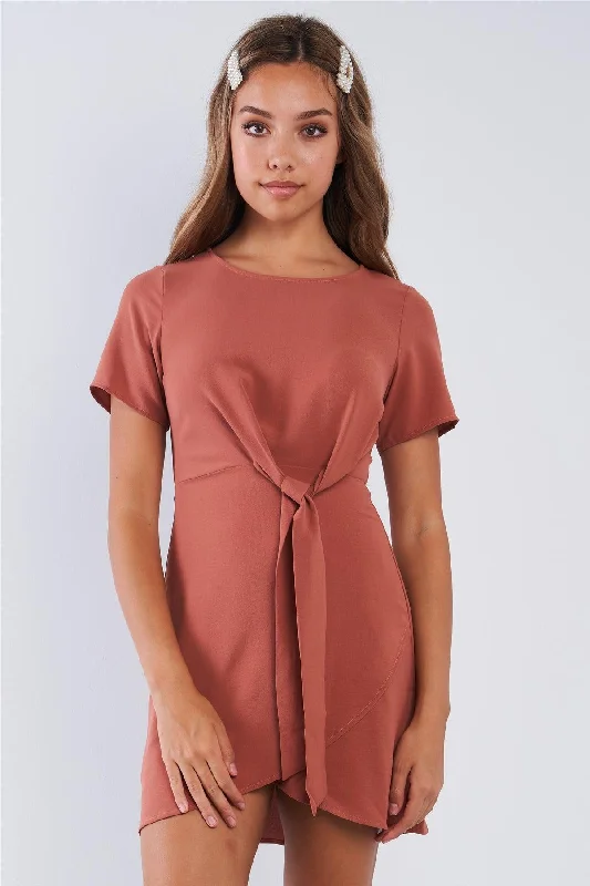 Dresses for vow renewals-Short Sleeve Knotted Crew Neck Chic Mini Dress