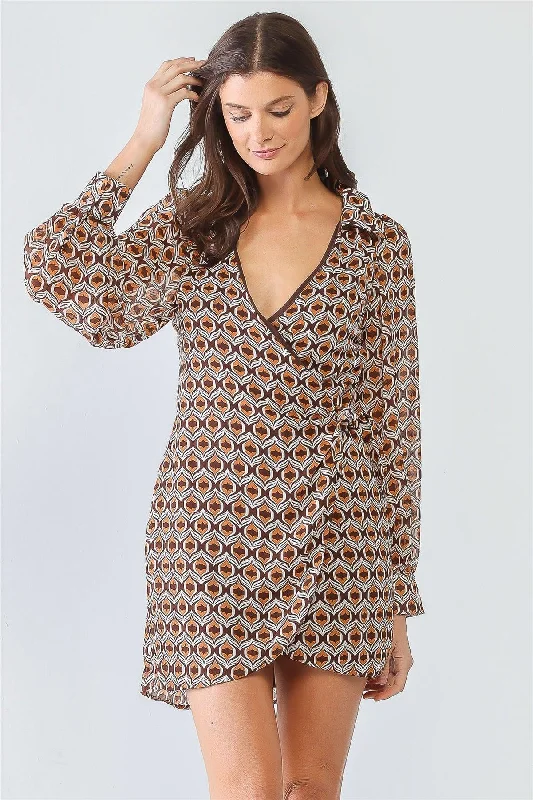 Dresses for Hanukkah-Retro Printed Wrap Self-Tie Long Sleeve Mini Dress