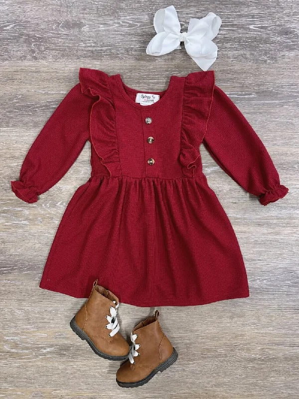 Dresses for Indian weddings-Rusty Red Waffle Knit Girls Ruffle Trim Long Sleeve Dress