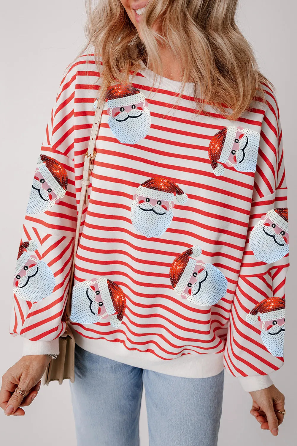 Hoodies & Sweatshirts startup fashion-Sequin Santa Striped Round Neck Long Sleeve Sweatshirt