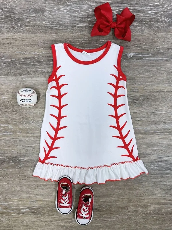 Dresses with open back-Baseball Stitch Girls Tank Sleeve Red & White Dress