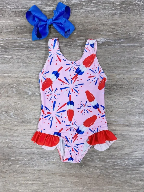 Swimwear for rectangle shape-Bomb Pops Pink Girls 1 Piece Patriotic Swimsuit