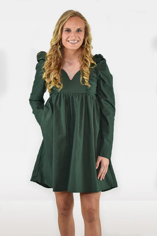 Dresses for food festivals-Sweetheart Neckline Long Sleeve Mini Dress with Puff Shoulder Detail by Entro Clothing