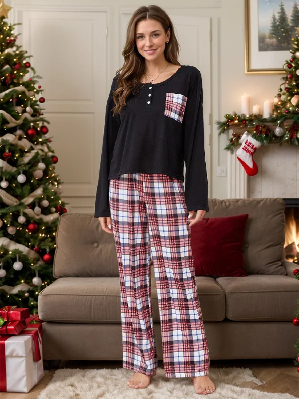 Tips for learning a new language-Round Neck Long Sleeve Top and Plaid Pants Lounge Set