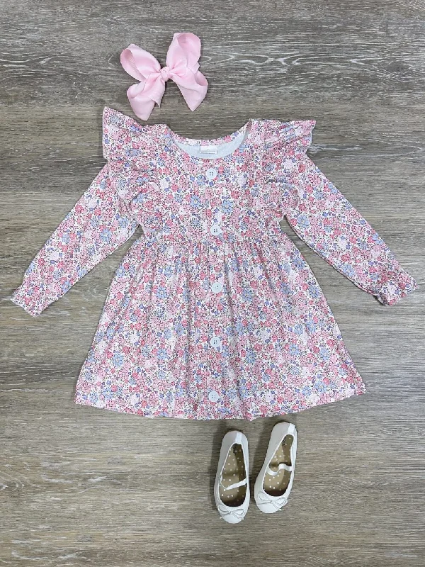 Dresses for dinner-Petite Florals Pink Girls Ruffle Shoulder Long Sleeve Dress