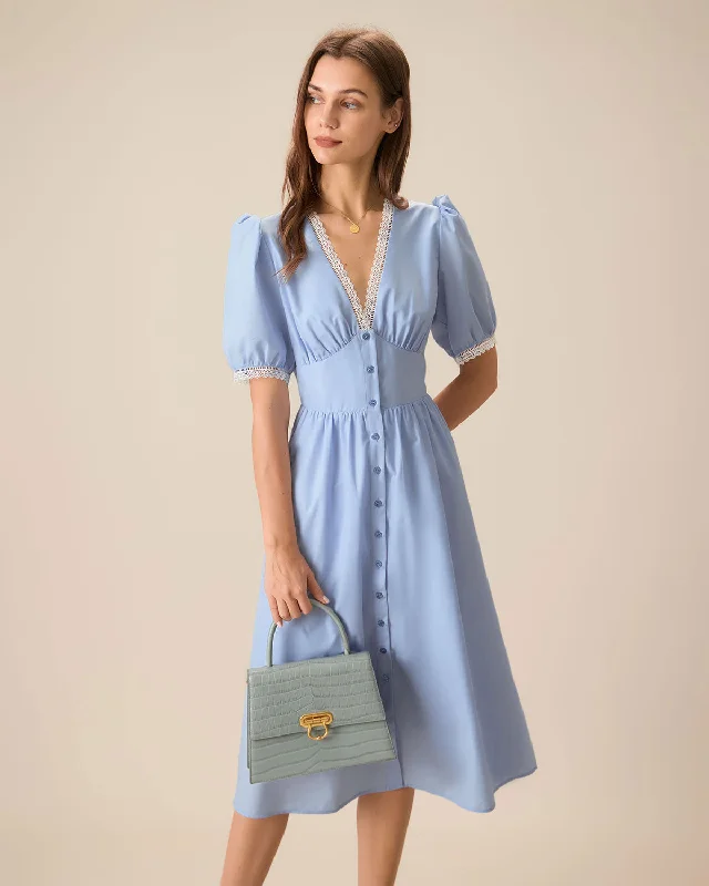 Dresses for sailing-Women's Blue V-Neck Puffed Sleeve Midi Dress