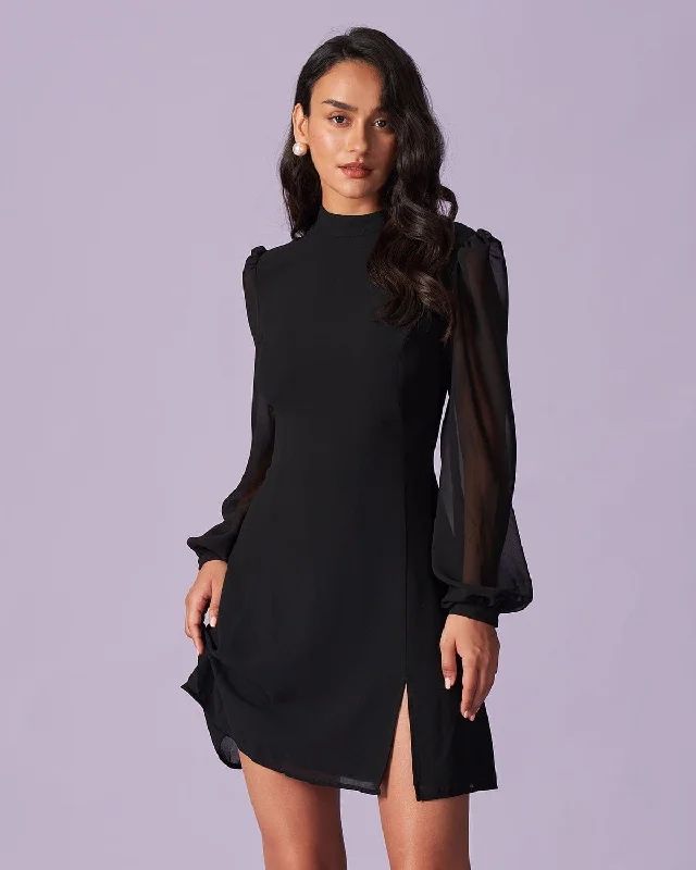 Dresses for outdoor weddings-The Black Stand Collar Sheer Slit Mini Dress