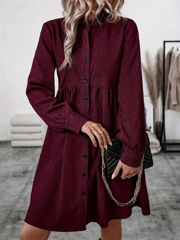 Dresses for online shopping-Ruched Button Up Long Sleeve Dress