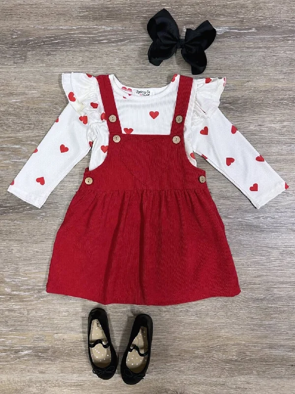 Dresses for weekend outings-My Whole Heart Red Ruffle Corduroy Girls Jumper Dress Set